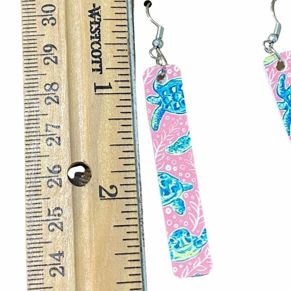 Sea Turtles Bar Dangle Drop‎ Earrings Pink Teal - Picture 5 of 5